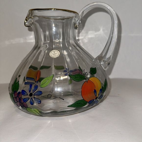 ‘Crystal Clear’ Pitcher - Hand Painted Fruit And Flowers, 22k Gold Painted Rim - Picture 2 of 11